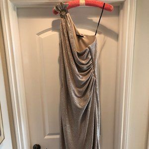 David Meister One-Shoulder Metallic Gown